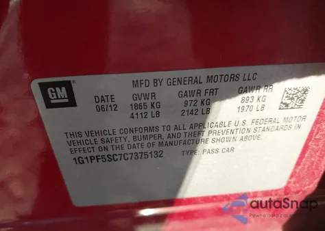 2012 Chevrolet Cruze 1Lt from USA, damaged, VIN 1G1PF5SC7C7375132